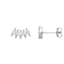 Jewelco London Ladies Rhodium Plated Sterling Silver Marquise CZ Curved 5 Stone Arc Stud Earrings - EAG1295
