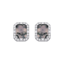 Jewelco London Rhodium Plated Silver Grey Emerald & Baguette Moss Agate & CZ Spooky Forest Octagon Halo Drop Earrings - EAG1433