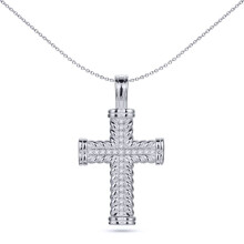 Jewelco London Unisex Rhodium Silver Round CZ Rope Edge Collared Cross Pendant - APX053