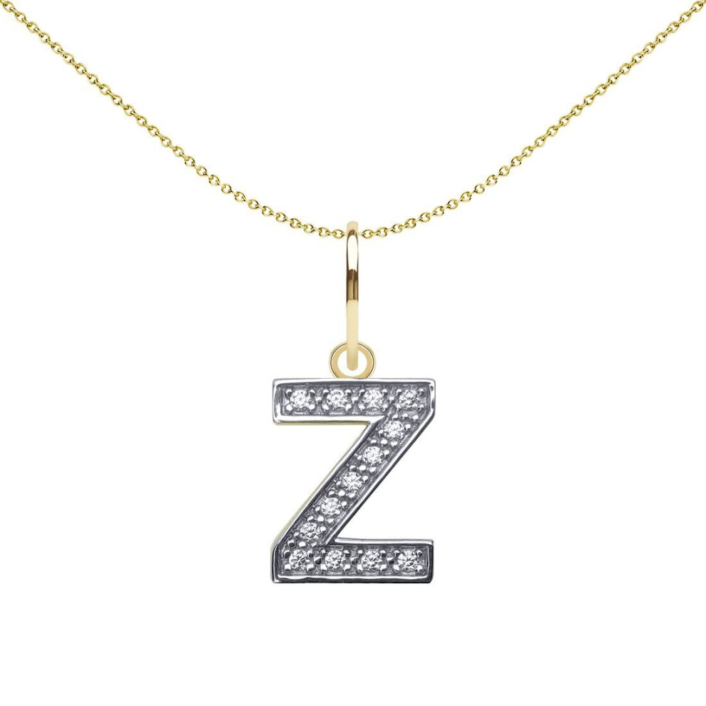 Jewelco London Solid 9Ct Yellow And White Gold Cubic Zirconia 10Mm San Serif Block Font Initial Charm Pendant, Letter Z - Jin021-Z