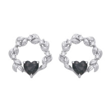 Jewelco London Rhodium Plated Silver Black Heart Moss Agate & CZ Spooky Foggy Forest Leaves Laurel Drop Earrings - EAG1430