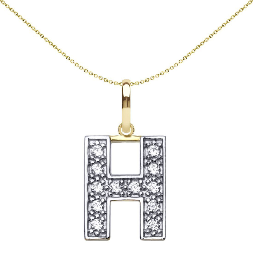 Jewelco London Solid 9Ct Yellow And White Gold Cubic Zirconia 15Mm San Serif Block Font Initial Charm Pendant, Letter H - Jin022-H