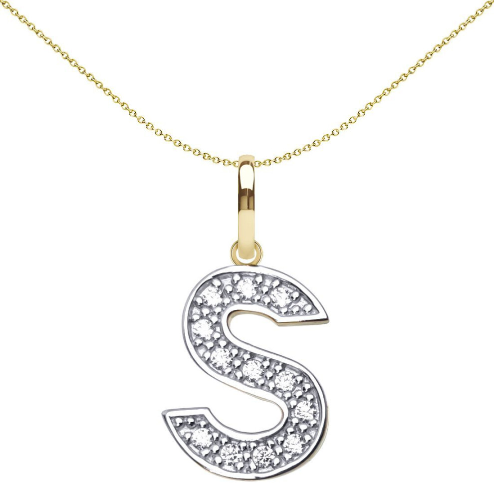 Jewelco London Solid 9Ct Yellow And White Gold Cubic Zirconia 15Mm San Serif Block Font Initial Charm Pendant, Letter S - Jin022-S