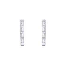 Jewelco London Rhodium Plated Sterling Silver Baguette CZ Ice Block Column Rectangular J-Hoop Drop Earrings - EAG1403