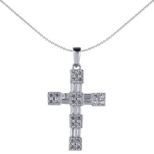 Jewelco London Unisex Rhodium Silver White Baguette CZ Encrusted Station Block Cross Pendant - APX062