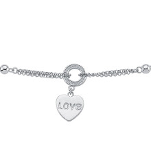 Jewelco London Ladies Rhodium Plated Sterling Silver Cubic Zirconia Circle of Love Heart 1.5mm Charm Bracelet, 6.5" - ABB172