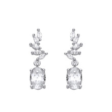 Jewelco London Rhodium Plated Sterling Silver Oval & Marquise CZ Fanned Curved Leaf Cluster Solitaire Drop Earrings - EAG1427