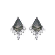 Jewelco London Silver Grey Kite & Marquise Moss Agate & CZ Art Deco Arrowhead Shield Chandelier Drop Earrings - EAG1431