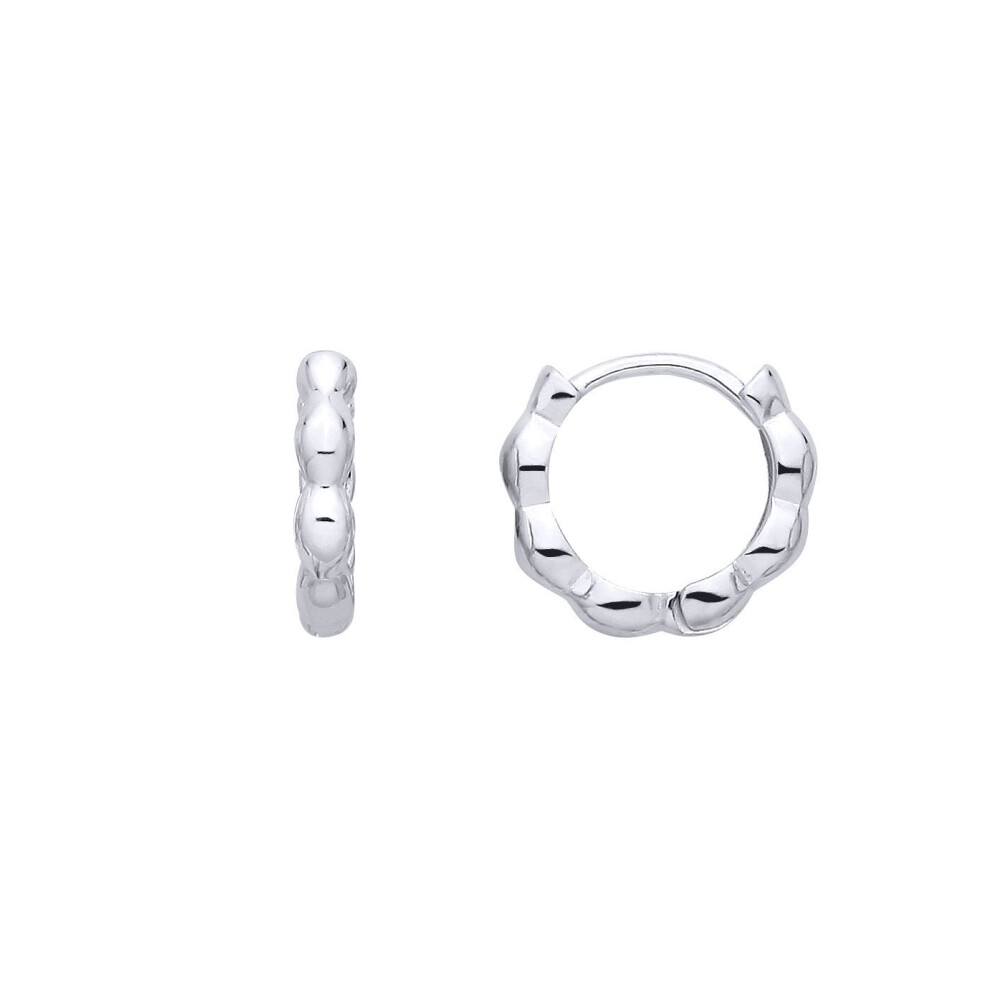 Jewelco London Rhodium Plated Sterling Silver Scalloped Peapod Huggie Creole Hoop Earrings - Eag1390