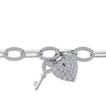 Jewelco London Ladies Rhodium Plated Sterling Silver CZ Key & Love Heart Padlock Oval Belcher Charm Bracelet, 7.5" - ABB187