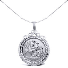 Jewelco London Unisex Rhodium Plated Sterling Silver Rope Edge Scroll Top St George & Dragon Medallion Pendant, (Full Sov Size) - ASP003-F-SG