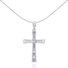 Jewelco London Unisex Rhodium Plated Sterling Silver Round & Baguette CZ Graduating Byzantine C Knot Cross Pendant - APX033