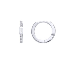 Jewelco London Ladies Rhodium Plated Sterling Silver Baguette CZ Engagement Ring Huggie Hoop Earrings - EAG1302
