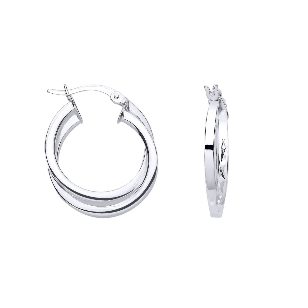 Jewelco London Ladies Rhodium Sterling Silver Square Tube Criss Cross Double Hoop Creole Earrings - Er189