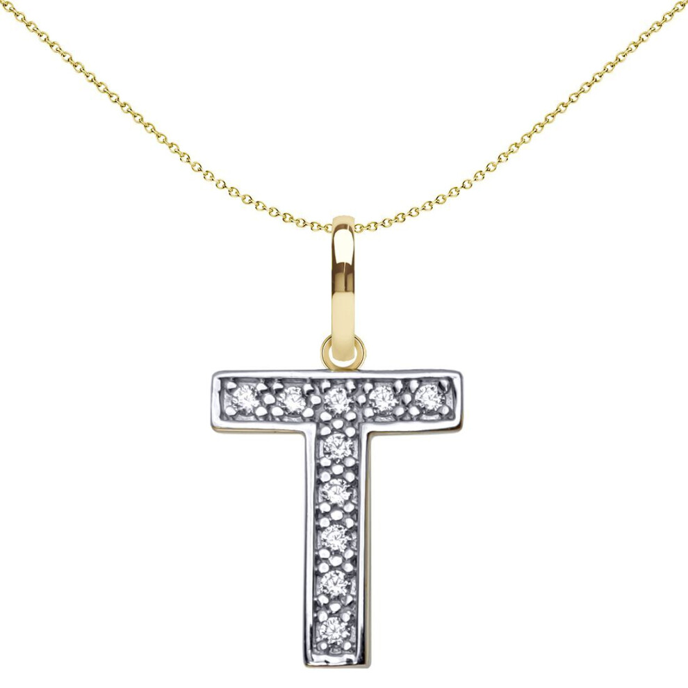 Jewelco London Solid 9Ct Yellow And White Gold Cubic Zirconia 15Mm San Serif Block Font Initial Charm Pendant, Letter T - Jin022-T
