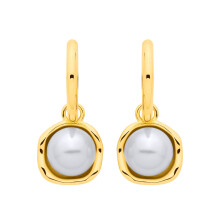 Jewelco London Yellow Gold-Plated Sterling Silver Pearl Organic Bezel Cup Convertible Huggie Hoop Drop Earrings - EAG1338