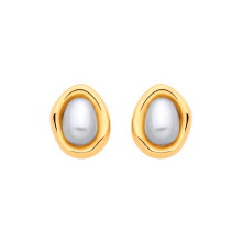 Jewelco London Yellow Gold-Plated Sterling Silver Pear Pearl Pebble Shaped Egg Chamber Halo Bezel Drop Earrings - EAG1337