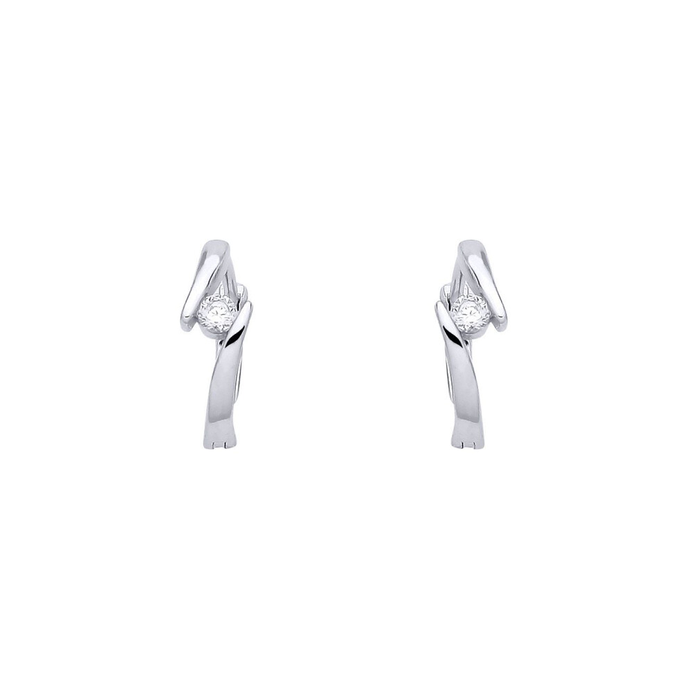 Jewelco London Rhodium Plated Sterling Silver Cz Crossover Bypass Solitaire Huggie Hoop Earrings - Eag1388