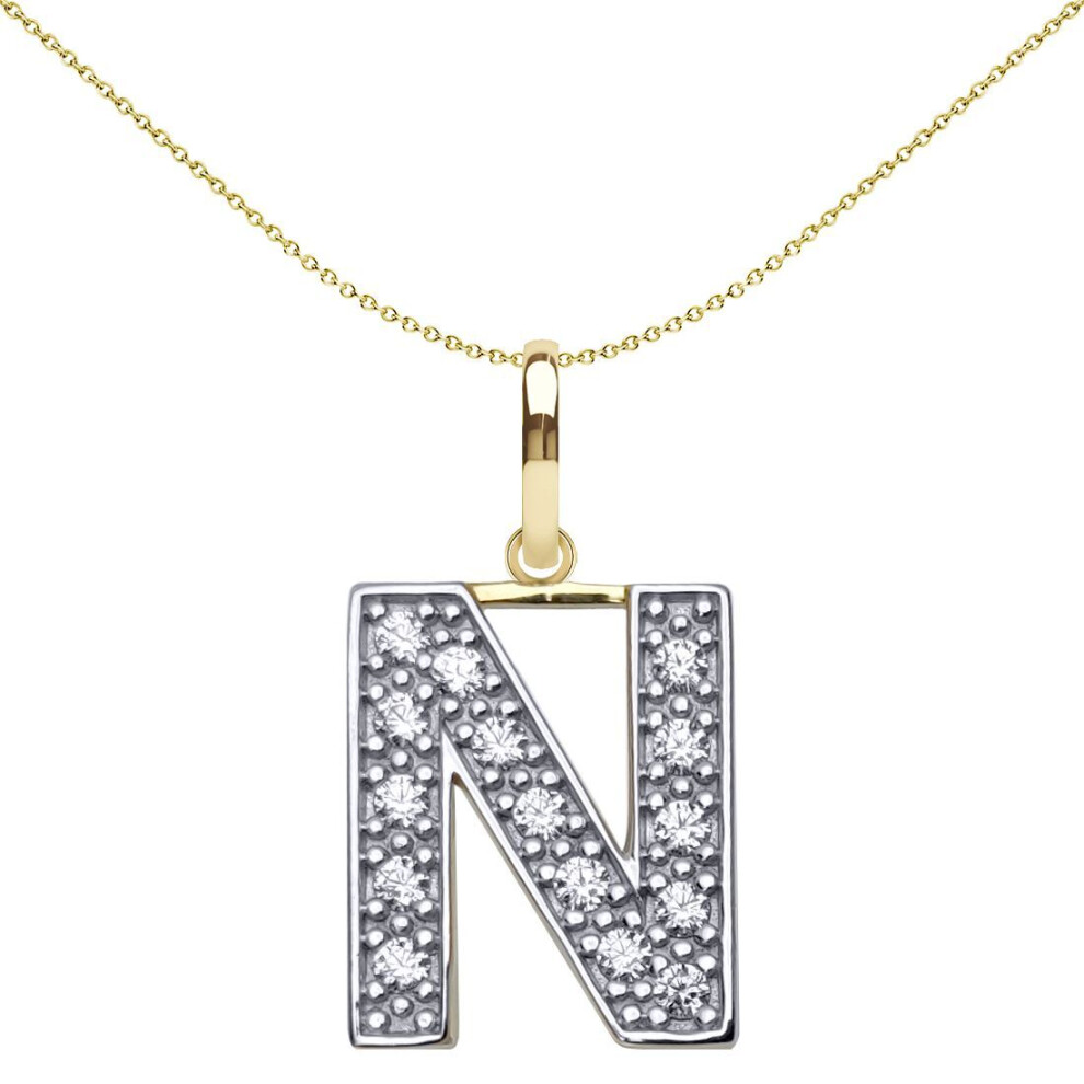 Jewelco London Solid 9Ct Yellow And White Gold Cubic Zirconia 15Mm San Serif Block Font Initial Charm Pendant, Letter N - Jin022-N
