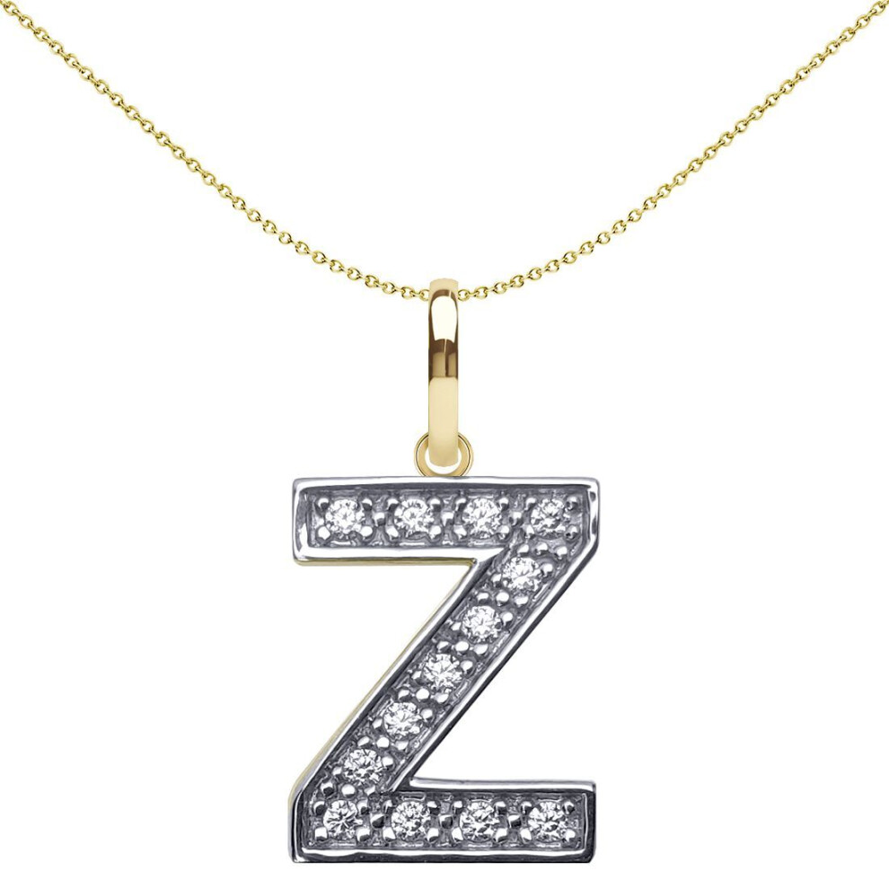 Jewelco London Solid 9Ct Yellow And White Gold Cubic Zirconia 15Mm San Serif Block Font Initial Charm Pendant, Letter Z - Jin022-Z