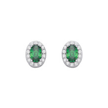 Jewelco London Rhodium Plated Sterling Silver Green Oval CZ Oval Halo Royal Cluster Stud Earrings - EAG1334EM