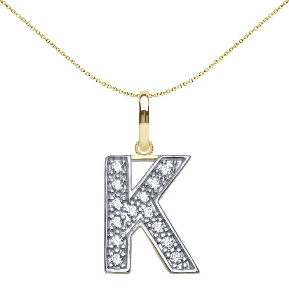 Jewelco London Solid 9Ct Yellow And White Gold Cubic Zirconia 15Mm San Serif Block Font Initial Charm Pendant, Letter K - Jin022-K