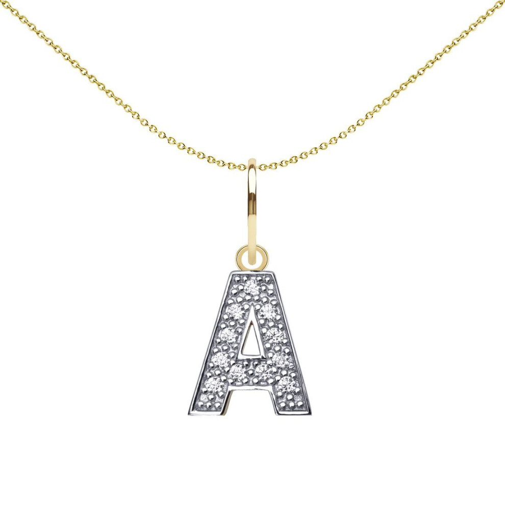 Jewelco London Solid 9Ct Yellow And White Gold Cubic Zirconia 10Mm San Serif Block Font Initial Charm Pendant, Letter A - Jin021-A