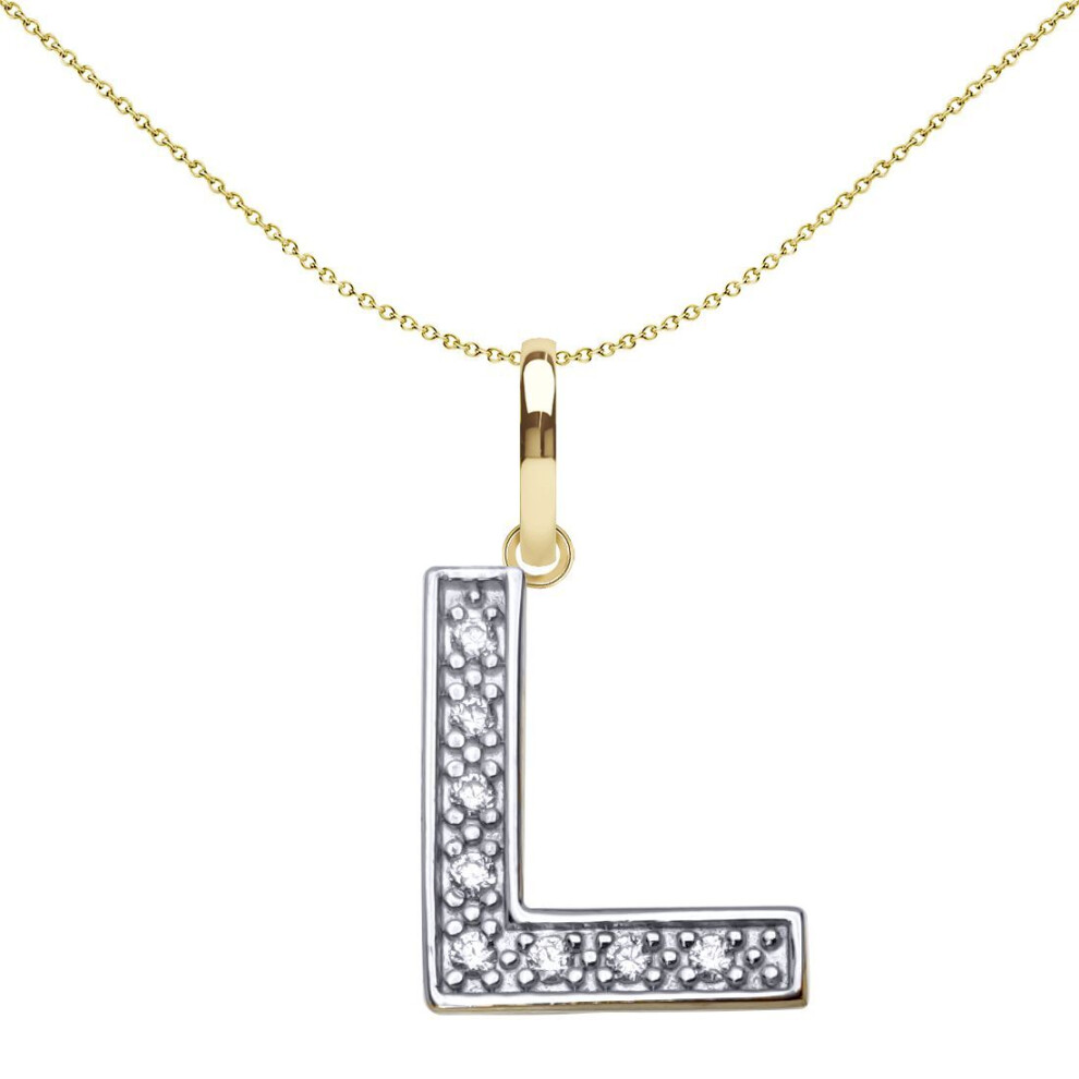 Jewelco London Solid 9Ct Yellow And White Gold Cubic Zirconia 15Mm San Serif Block Font Initial Charm Pendant, Letter L - Jin022-L