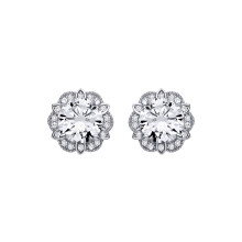 Jewelco London Rhodium Plated Sterling Silver CZ Tudor Rose Flower Scalloped Halo Solitaire Stud Earrings - EAG1322