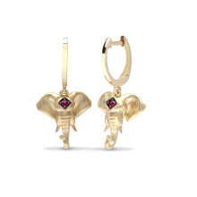 Jewelco London 9ct Yellow Gold Claw Set Red 0.04ct Ruby Caparison Elephant Drop Earrings - 9E182