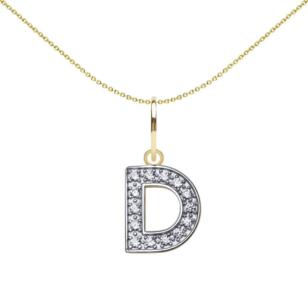 Jewelco London Solid 9Ct Yellow And White Gold Cubic Zirconia 10Mm San Serif Block Font Initial Charm Pendant, Letter D - Jin021-D
