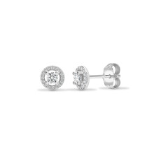 Jewelco London Solid 18ct White Gold Pave Set Round G SI 0.4ct Diamond Halo Cluster Stud Earrings 7mm - 18E428