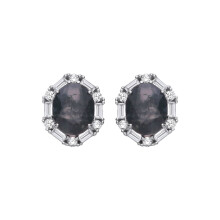 Jewelco London Rhodium Plated Silver Black Oval & Baguette Moss Agate & CZ Spooky Smoke Fog Station Halo Stud Earrings - EAG1428