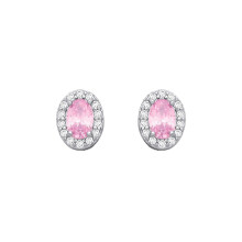 Jewelco London Rhodium Plated Sterling Silver Pink Oval CZ Oval Halo Royal Cluster Stud Earrings - EAG1334PINK