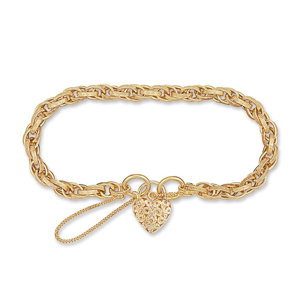 Jewelco London Ladies 9Ct Yellow Gold Love Heart Padlock Victorian Engraved Prince Of Wales 6Mm Gauge Bracelet - Jbb163