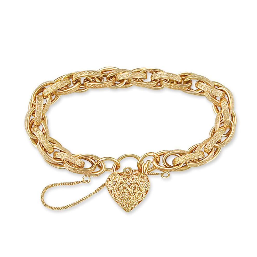 Jewelco London Ladies 9Ct Yellow Gold Love Heart Padlock Victorian Engraved Prince Of Wales 9Mm Gauge Bracelet - Jbb016