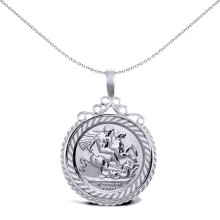 Jewelco London Unisex Rhodium Plated Sterling Silver Rope Edge Scroll Top St George & Dragon Medallion Pendant, (Half Sov Size) - ASP003-H-SG
