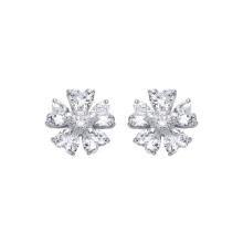 Jewelco London Rhodium Plated Sterling Silver Heart CZ Eternal Bloom 5 Petal Flower Stud Earrings - EAG1324