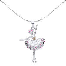 Jewelco London Ladies Sterling Silver Yellow Pink Lilac Cubic Zirconia Ballerina Ballet Dancer Charm Necklace - GVP536