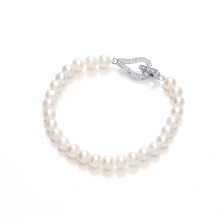 Jewelco London Ladies Sterling Silver Cubic Zirconia & Freshwater Cultured Pearl Loop Clasp Bead Bracelet 6-7mm - GVB470