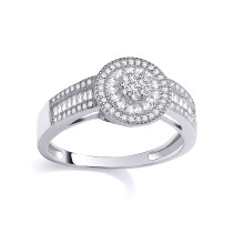 (N) Jewelco London Rhodium Plated Sterling Silver Baguette CZ Radial Halo Sunburst Cluster Engagement Ring - GSR1111