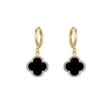 Jewelco London Gold-plated Sterling Silver Black Clover Onyx & Cubic Zirconia Lucky Charm Halo Huggie Hoop Drop Earrings - AER185-GP