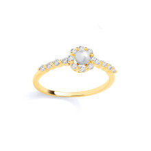 (L) Jewelco London Yellow Gold-Plated Sterling Silver Pearl & CZ Full Moon & Stars Halo Engagement Ring - GSR1074