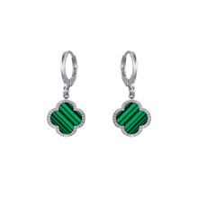 Jewelco London Silver Green & Black Clover Malachite & Cubic Zirconia Lucky Charm Halo Huggie Hoop Drop Earrings - AER187