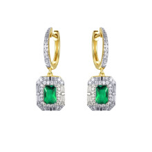Jewelco London Gold-plated Silver Green Radiant & Baguette CZ Octagon Royal Cluster Eternity Huggie Hoop Drop Earrings - AER199G-GP