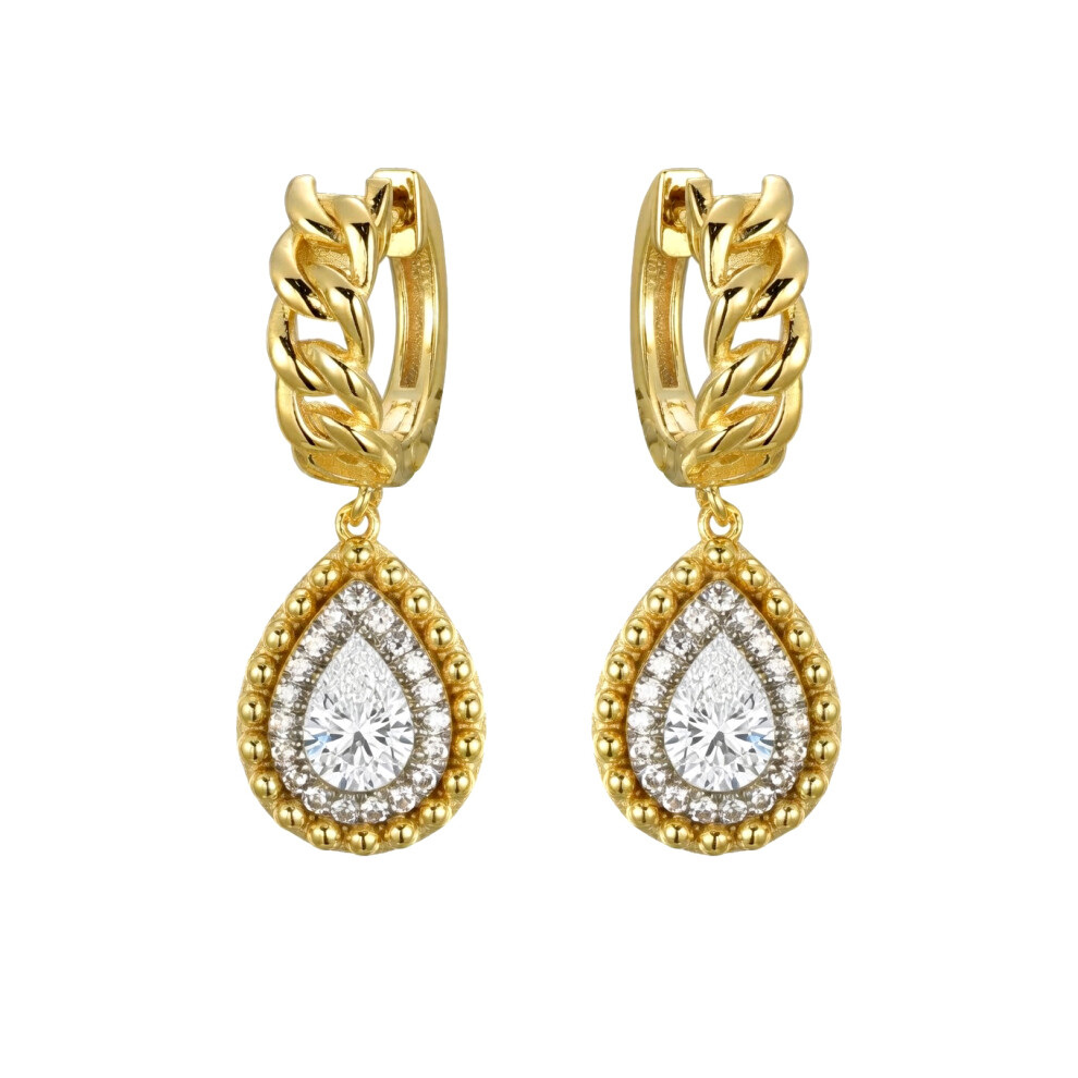 Jewelco London Gold-Plated Sterling Silver White Pear Cubic Zirconia Curb Link Huggie Hoop Beaded Drop Earrings - Aer198-Gp