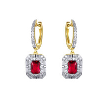 Jewelco London Gold-plated Silver Red Radiant & Baguette CZ Octagon Royal Cluster Eternity Huggie Hoop Drop Earrings - AER199R-GP
