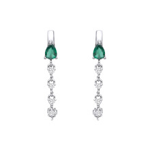 Jewelco London Rhodium Plated Sterling Silver Green Pear CZ Tennis Raindrop Chain Huggie Hoop Drop Earrings - EAG1409