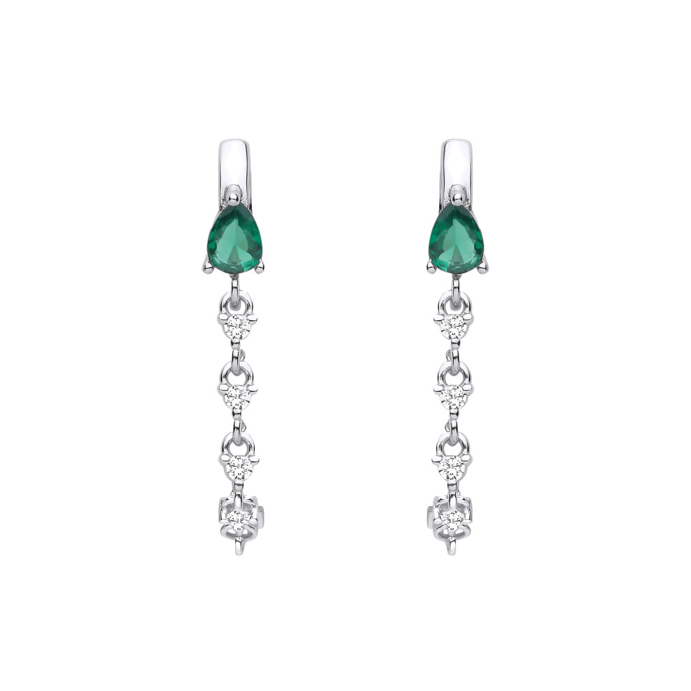 Jewelco London Rhodium Plated Sterling Silver Green Pear Cz Tennis Raindrop Chain Huggie Hoop Drop Earrings - Eag1409