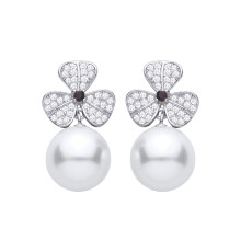 Jewelco London Rhodium Plated Sterling Silver Purple Pearl & CZ 3 Leaf Clover Spherical Full Moon Drop Earrings - EAG1469